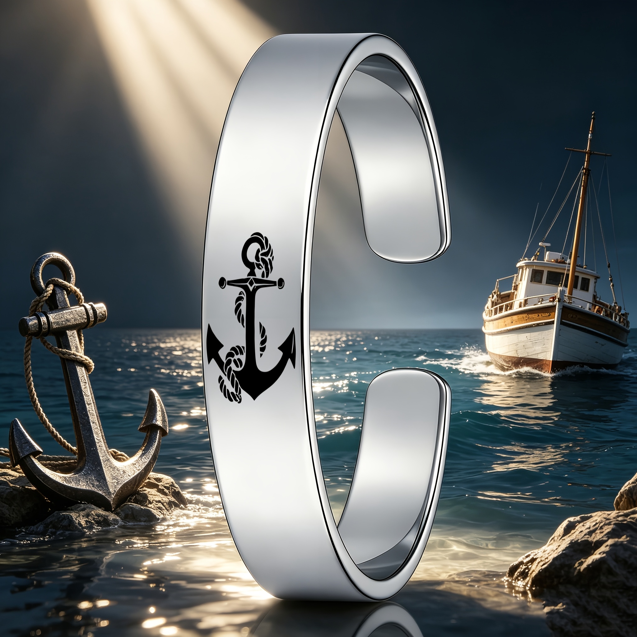 Nautical Anchor Stainless Steel Open Bangle, Adjustable Size